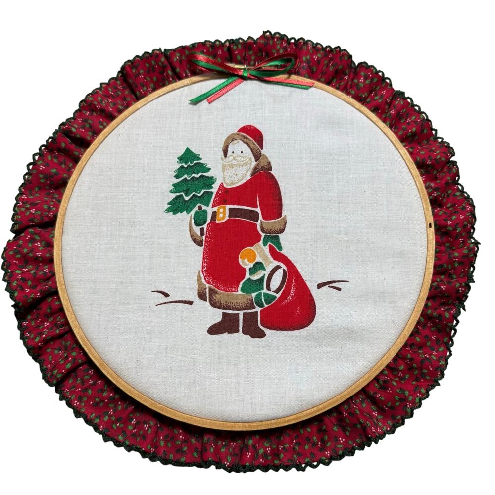 Santa Claus Christmas Fabric Hoop Wall Hanging Red Holly Ruffle Cottage Core